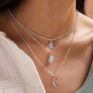 🌙 Awesome Crescent Moon Water Drop Circle Triple Layered Chain Necklace 🌙